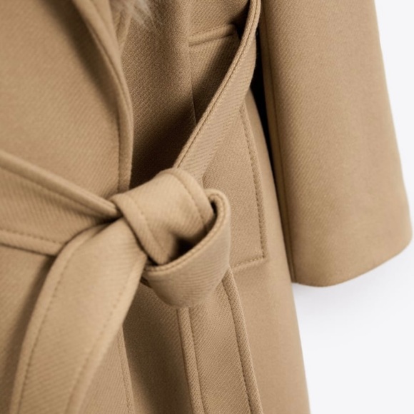 Zara coat wool blend 75% long camel belted rope trench fur collar Manteco - Picture 7 of 15